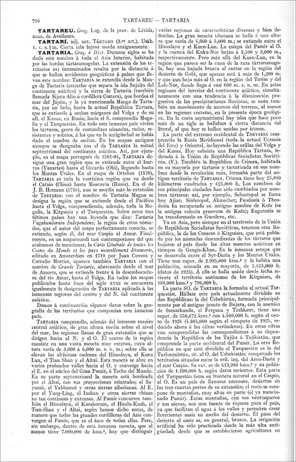 страница с началом статьи о Тартарии из испанской энциклопедии «Enciclopedia Universal Ilustrada Europeo-Americana»