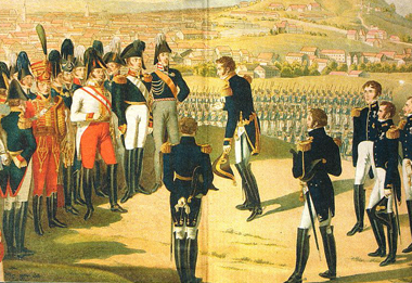 Раскрашенная литография «Кульминация правления Александра I: маршал Мармон вручает ключи от Парижа российскому императору»